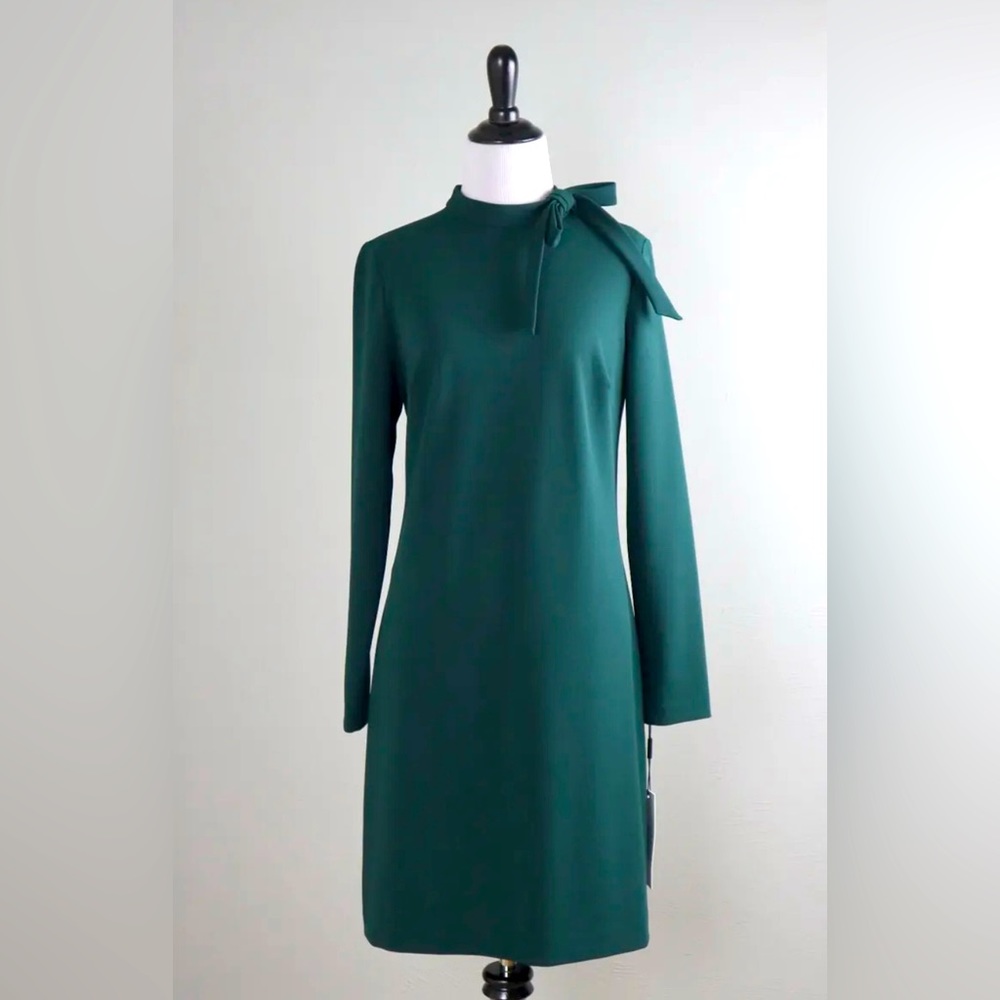 Calvin Klein Scuba Crepe Dress - Tie Neck - Long Sleeve - Emerald Green